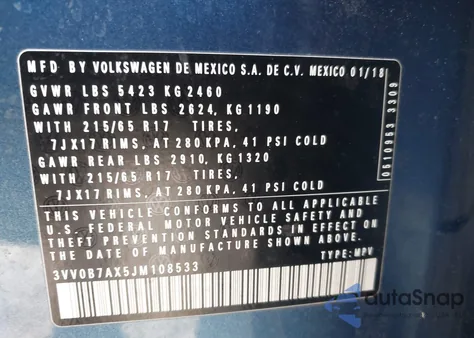 2018 Volkswagen Tiguan 2.0T S from USA, damaged, VIN 3VV0B7AX5JM108533